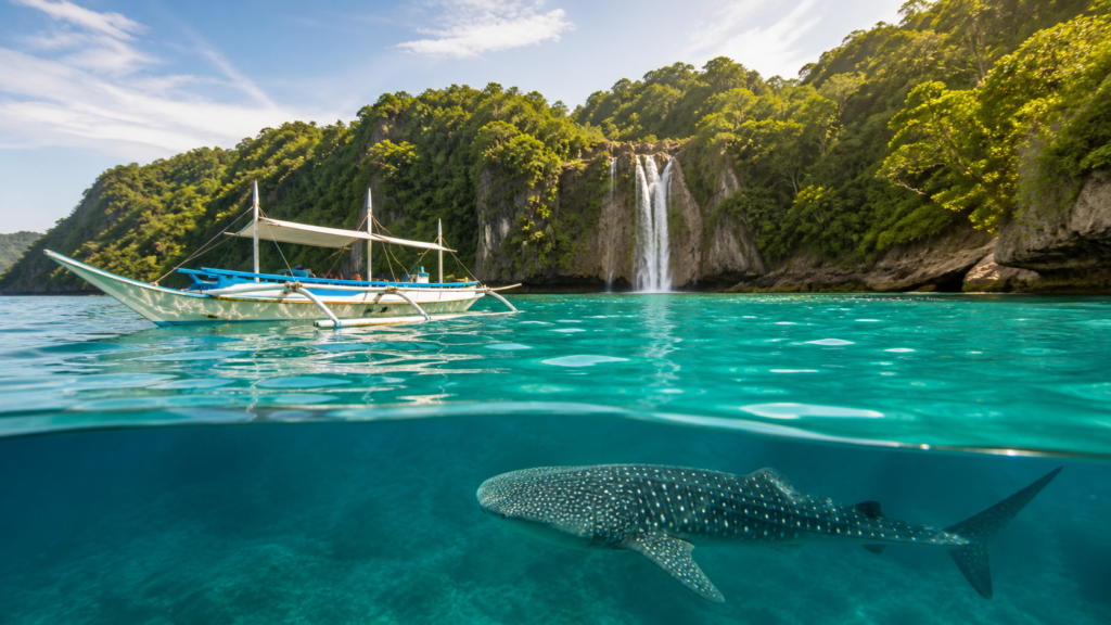 Cebu day tours with an outrigger boat, tropical waterfall and whale shark